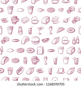 American food, Drinks, Japanese food, Seafood and Table setting set. Background for printing, design, web. Usable as icons. Seamless. Color.