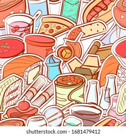American food, Drinks, Japanese food and Snacks pattern. Background for printing, design, web. Seamless. Colored.