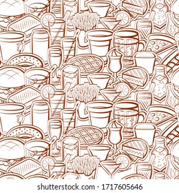 American food and Drinks pattern. Background for printing, design, web. Seamless. Binary color.