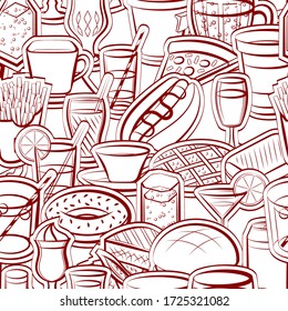 American food and Drinks pattern. Background for printing, design, web. Seamless. Binary color.