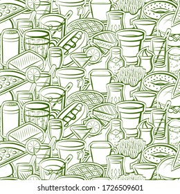 American food and Drinks pattern. Background for printing, design, web. Seamless. Binary color.