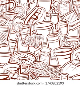 American food and Drinks pattern. Background for printing, design, web. Seamless. Binary color.