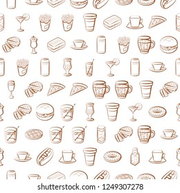 American food and Drinks set. Background for printing, design, web. Usable as icons. Seamless. Color.