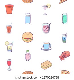 American food and Drinks set. Background for printing, design, web. Usable as icons. Seamless. Colored.