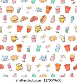 American food and Drinks set. Background for printing, design, web. Usable as icons. Seamless. Colored.