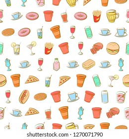 American food and Drinks set. Background for printing, design, web. Usable as icons. Seamless. Colored.