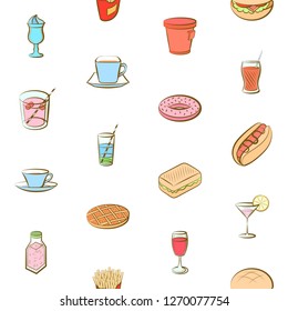 American food and Drinks set. Background for printing, design, web. Usable as icons. Seamless. Colored.