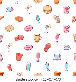 American food and Drinks set. Background for printing, design, web. Usable as icons. Seamless. Colored.