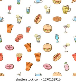 American food and Drinks set. Background for printing, design, web. Usable as icons. Seamless. Colored.
