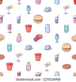 American food and Drinks set. Background for printing, design, web. Usable as icons. Seamless. Colored.