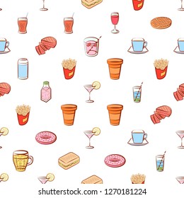 American food and Drinks set. Background for printing, design, web. Usable as icons. Seamless. Colored.