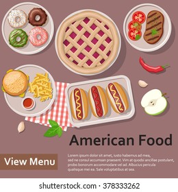 American food. Fast food. Flat Lay Style Illustration. Vector illustration EPS10.