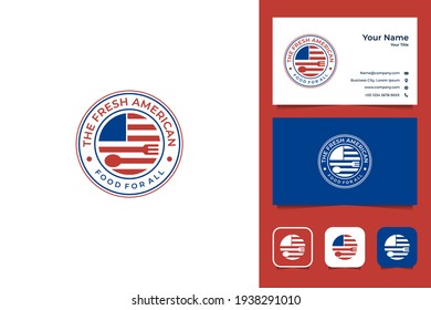 american food with flag and cutlery logo design and business card