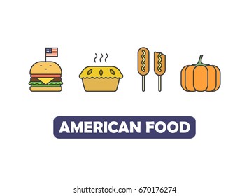 American food flat line icons set. Traditional USA cuisine.