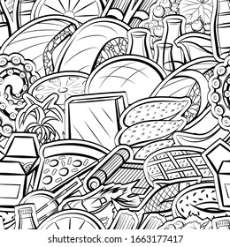 American food, Fruits, Japanese food and Seafood pattern. Background for printing, design, web. Seamless. Monochrome binary, black and white.