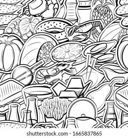 American food, Fruits, Japanese food and Seafood pattern. Background for printing, design, web. Seamless. Monochrome binary, black and white.