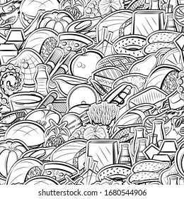 American food, Fruits, Japanese food and Seafood pattern. Background for printing, design, web. Seamless. Monochrome binary, black and white.