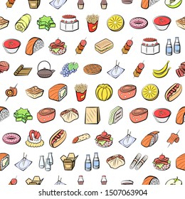 American food, Fruits, Japanese food and Snacks set. Background for printing, design, web. Usable as icons. Seamless. Colored.