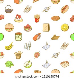 American food, Fruits, Japanese food and Snacks set. Background for printing, design, web. Usable as icons. Seamless. Colored.