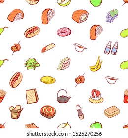 American food, Fruits, Japanese food and Snacks set. Background for printing, design, web. Usable as icons. Seamless. Colored.