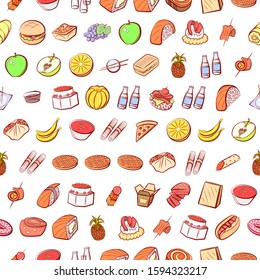 American food, Fruits, Japanese food and Snacks set. Background for printing, design, web. Usable as icons. Seamless. Colored.