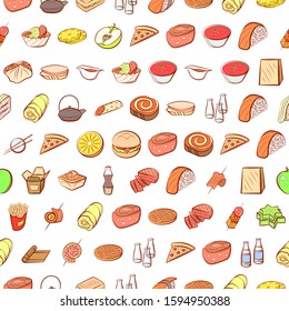 American food, Fruits, Japanese food and Snacks set. Background for printing, design, web. Usable as icons. Seamless. Colored.