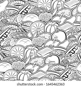 American food and Fruits pattern. Background for printing, design, web. Seamless. Monochrome binary, black and white.