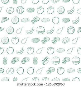 American food and Fruits set. Background for printing, design, web. Usable as icons. Seamless. Color.