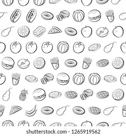 American food and Fruits set. Background for printing, design, web. Usable as icons. Seamless. Monochrome binary, black and white.