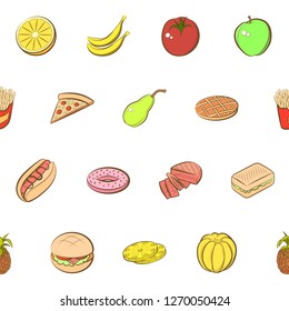 American food and Fruits set. Background for printing, design, web. Usable as icons. Seamless. Colored.