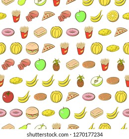 American food and Fruits set. Background for printing, design, web. Usable as icons. Seamless. Colored.