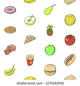 American food and Fruits set. Background for printing, design, web. Usable as icons. Seamless. Colored.