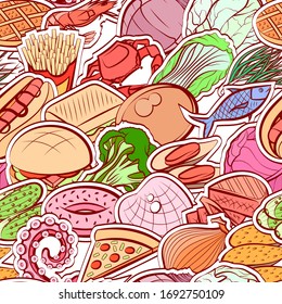 American food, Healthy food and Seafood pattern. Background for printing, design, web. Seamless. Colored.