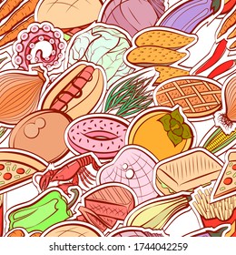 American food, Healthy food and Seafood pattern. Background for printing, design, web. Seamless. Colored.