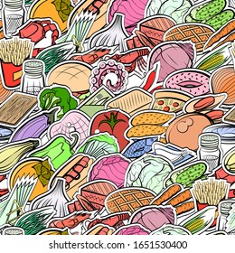 American food, Healthy food, Seafood and Table setting pattern. Background for printing, design, web. Seamless. Colored.