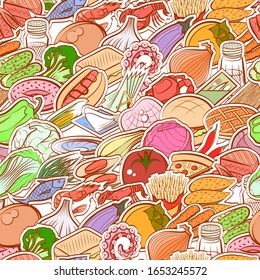 American food, Healthy food, Seafood and Table setting pattern. Background for printing, design, web. Seamless. Colored.