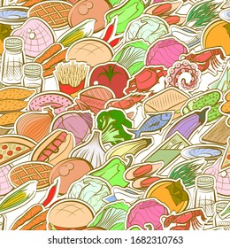 American food, Healthy food, Seafood and Table setting pattern. Background for printing, design, web. Seamless. Colored.