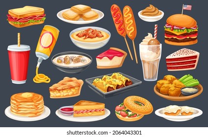 Icono de comida estadounidense. Pastel de terciopelo rojo, parras, bocadillo de monte cristo, crepes, arce y queso spray. Perro de maíz, torta de almejas, galletas y salsa, torta de manzana, blt, sandwich y el vector de las alas de búfalo.