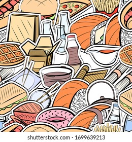 American food and Japanese food pattern. Background for printing, design, web. Seamless. Colored.