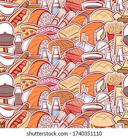 American food and Japanese food pattern. Background for printing, design, web. Seamless. Colored.