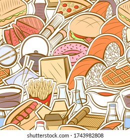 American food and Japanese food pattern. Background for printing, design, web. Seamless. Colored.