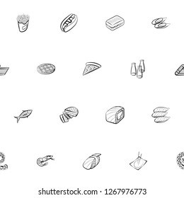 American food, Japanese food and Seafood set. Background for printing, design, web. Usable as icons. Seamless. Monochrome binary, black and white.