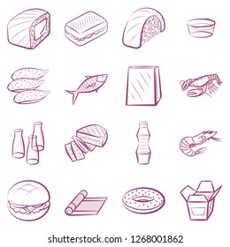 American food, Japanese food and Seafood set. Background for printing, design, web. Usable as icons. Color.