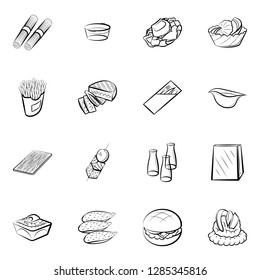 American food, Japanese food, Seafood, Snacks and Table setting set. Background for printing, design, web. Usable as icons. Monochrome binary, black and white.