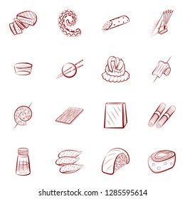 American food, Japanese food, Seafood, Snacks and Table setting set. Background for printing, design, web. Usable as icons. Binary color.