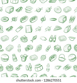 American food, Japanese food, Seafood, Snacks and Table setting set. Background for printing, design, web. Usable as icons. Seamless. Binary color.