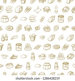 American food, Japanese food, Seafood, Snacks and Table setting set. Background for printing, design, web. Usable as icons. Seamless. Binary color.