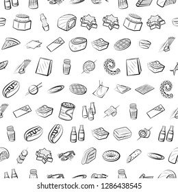 American food, Japanese food, Seafood, Snacks and Table setting set. Background for printing, design, web. Usable as icons. Seamless. Monochrome binary, black and white.