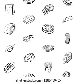 American food, Japanese food, Seafood, Snacks and Table setting set. Background for printing, design, web. Usable as icons. Seamless. Monochrome binary, black and white.