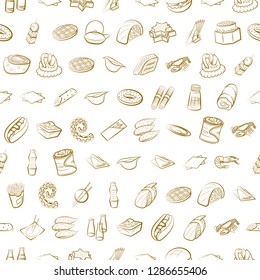American food, Japanese food, Seafood, Snacks and Table setting set. Background for printing, design, web. Usable as icons. Seamless. Binary color.